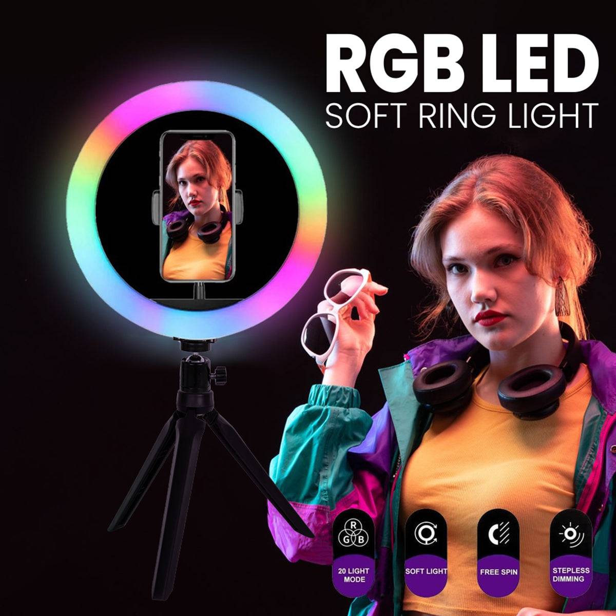 GloboStar® 75802 Professional Digital Ring Light Φ30cm LED SMD 40W 4000lm 180° DC 5V με Καλώδιο Τροφοδοσίας USB - Ενσωματωμένο Χειριστήριο Εναλλαγής Χρωμάτων & 1 Βάση Τηλεφώνου - Πολύχρωμο RGBW+WW Dimmable - ledmania.gr