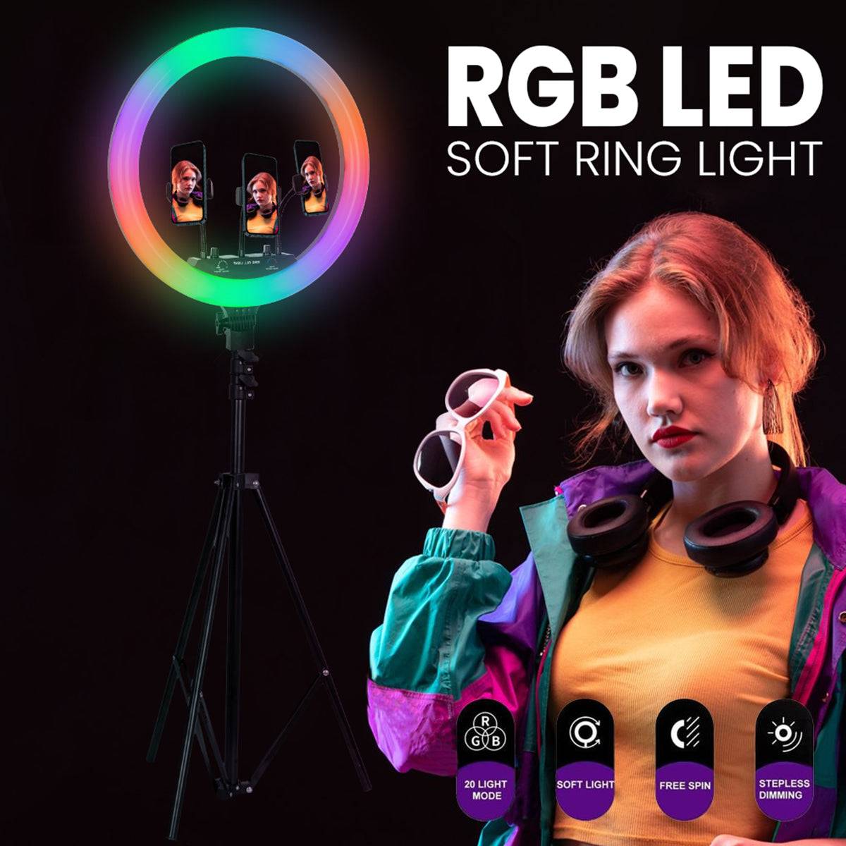 GloboStar® 75805 Professional Digital Ring Light Φ46cm LED SMD 70W 7000lm 180° AC 230V με Καλώδιο Τροφοδοσίας Πρίζας - Ασύρματο Χειριστήριο RF 2.4Ghz Εναλλαγής Χρωμάτων & 3 Βάσεις Τηλεφώνου - Πολύχρωμο RGBW+WW Dimmable - ledmania.gr