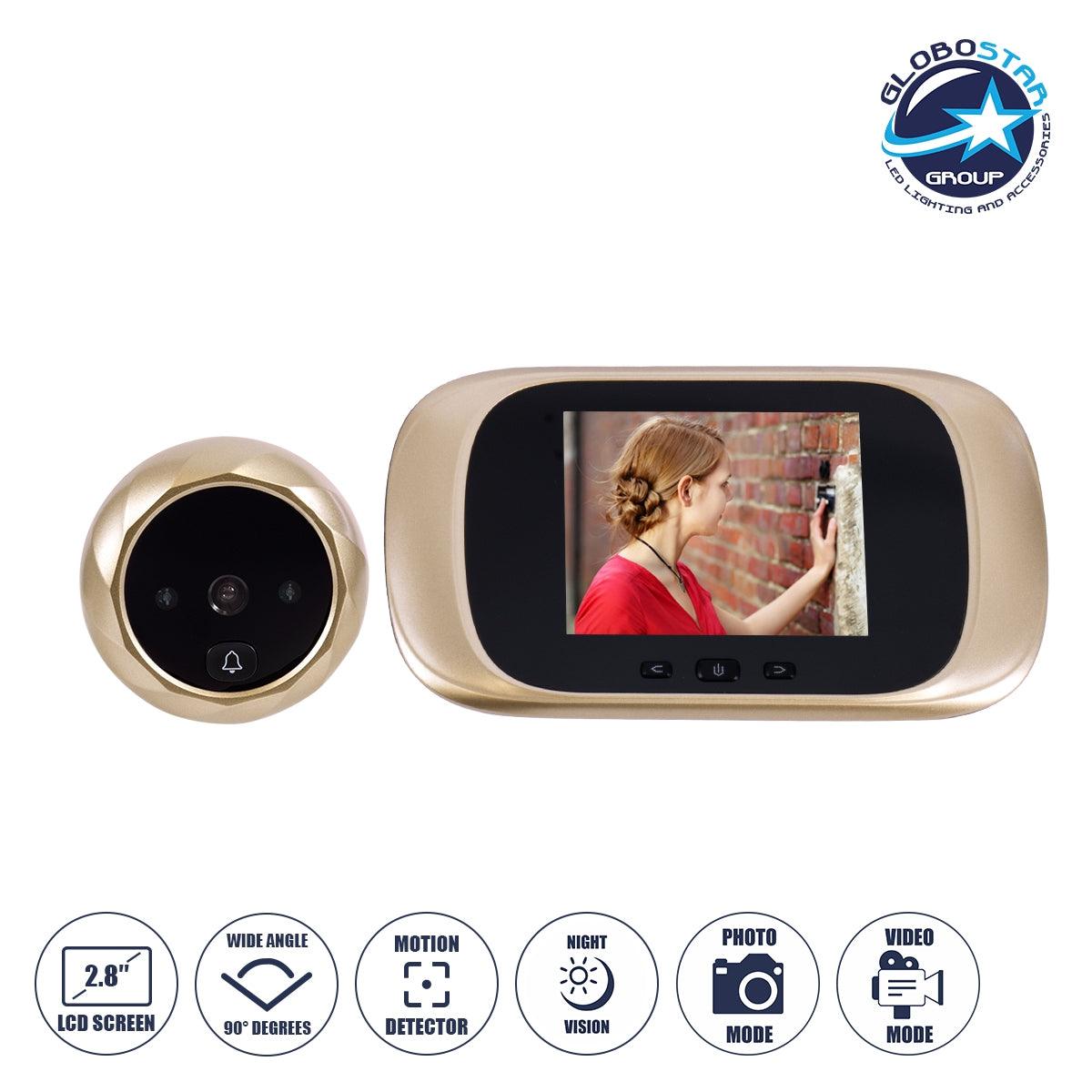 GloboStar® 86068 Επαναφορτιζόμενη Ψηφιακή Έξυπνη Camera Εξώπορτας 90° Μοιρών με Έγχρωμη Οθόνη 2.8" Inches - USB - Νυχτερινή Όραση με LED IR - Κουδούνι - Χρυσό - ledmania.gr