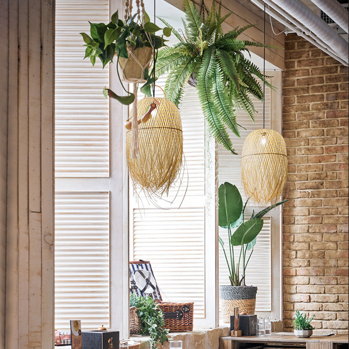 GloboStar® MANILA 00713 Boho Κρεμαστό Φωτιστικό Πλέγμα Μονόφωτο 1 x E27 IP20 Μπέζ Ξύλο - Μ50 x Π50 x Υ70cm - ledmania.gr