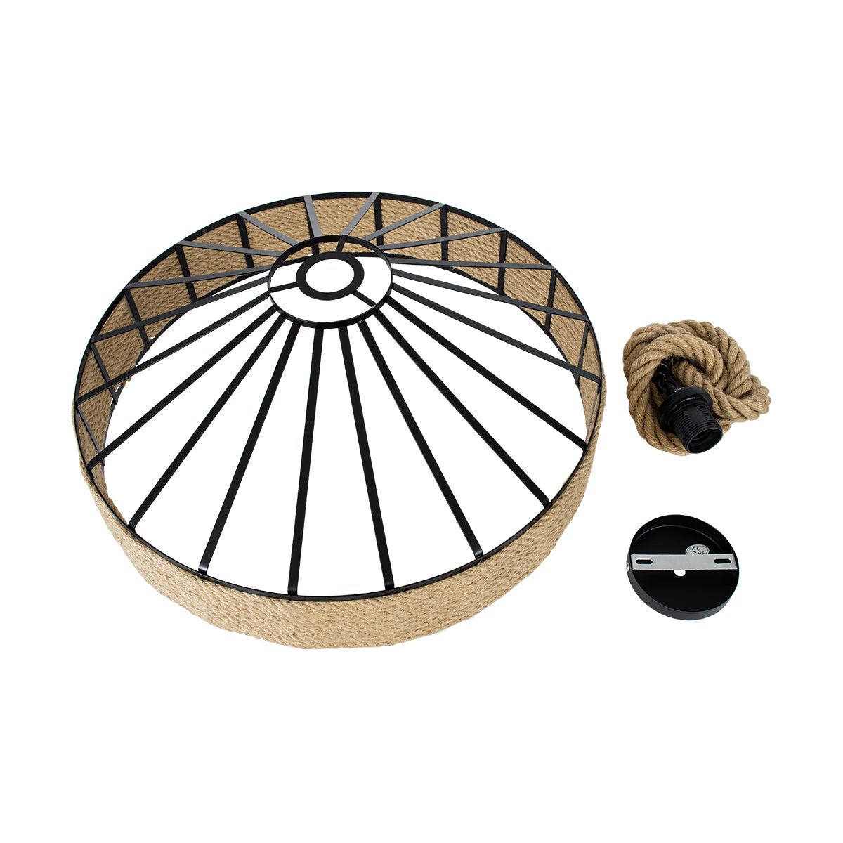 GloboStar® POLI 01147 Vintage Κρεμαστό Φωτιστικό Καμπάνα Μονόφωτο 1 x E27 IP20 Μαύρο Μέταλλο με Μπεζ Σχοινί Μ40 x Π40 x Υ32cm - ledmania.gr