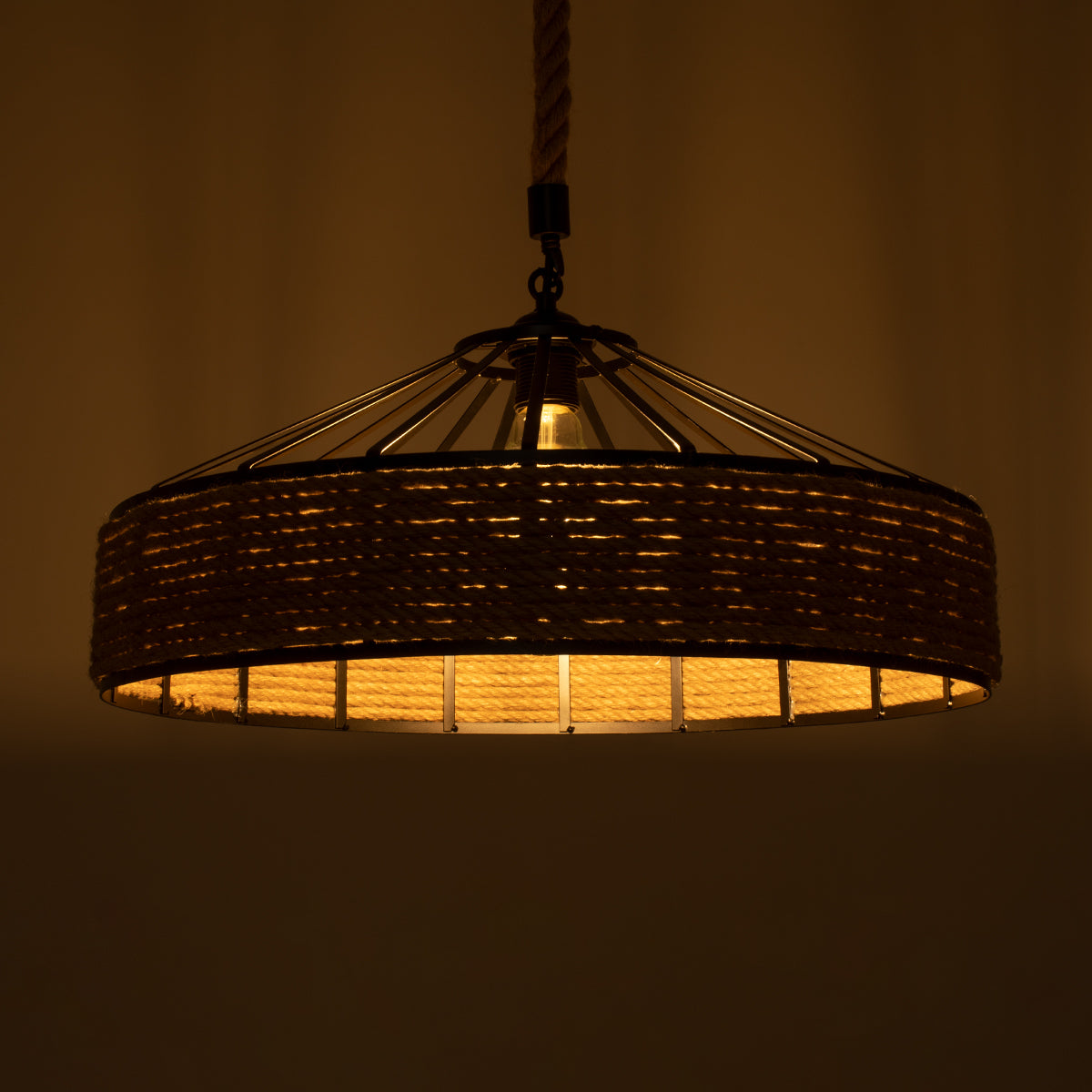GloboStar® POLI 01147 Vintage Κρεμαστό Φωτιστικό Καμπάνα Μονόφωτο 1 x E27 IP20 Μαύρο Μέταλλο με Μπεζ Σχοινί Μ40 x Π40 x Υ32cm - ledmania.gr