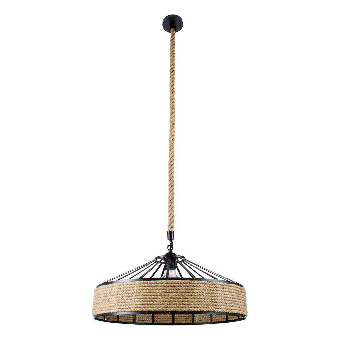 GloboStar® POLI 01147 Vintage Κρεμαστό Φωτιστικό Καμπάνα Μονόφωτο 1 x E27 IP20 Μαύρο Μέταλλο με Μπεζ Σχοινί Μ40 x Π40 x Υ32cm - ledmania.gr
