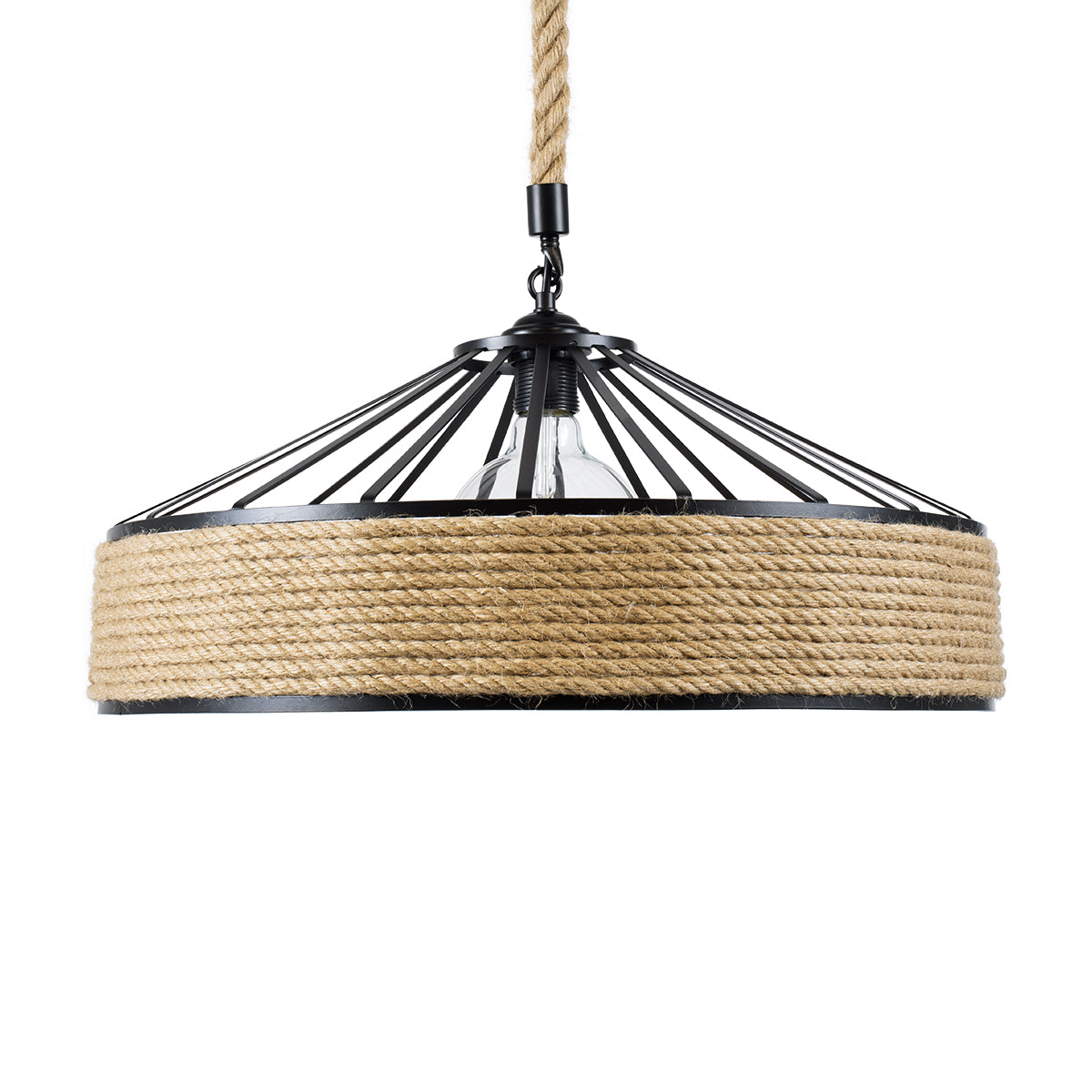 GloboStar® POLI 01147 Vintage Κρεμαστό Φωτιστικό Καμπάνα Μονόφωτο 1 x E27 IP20 Μαύρο Μέταλλο με Μπεζ Σχοινί Μ40 x Π40 x Υ32cm - ledmania.gr