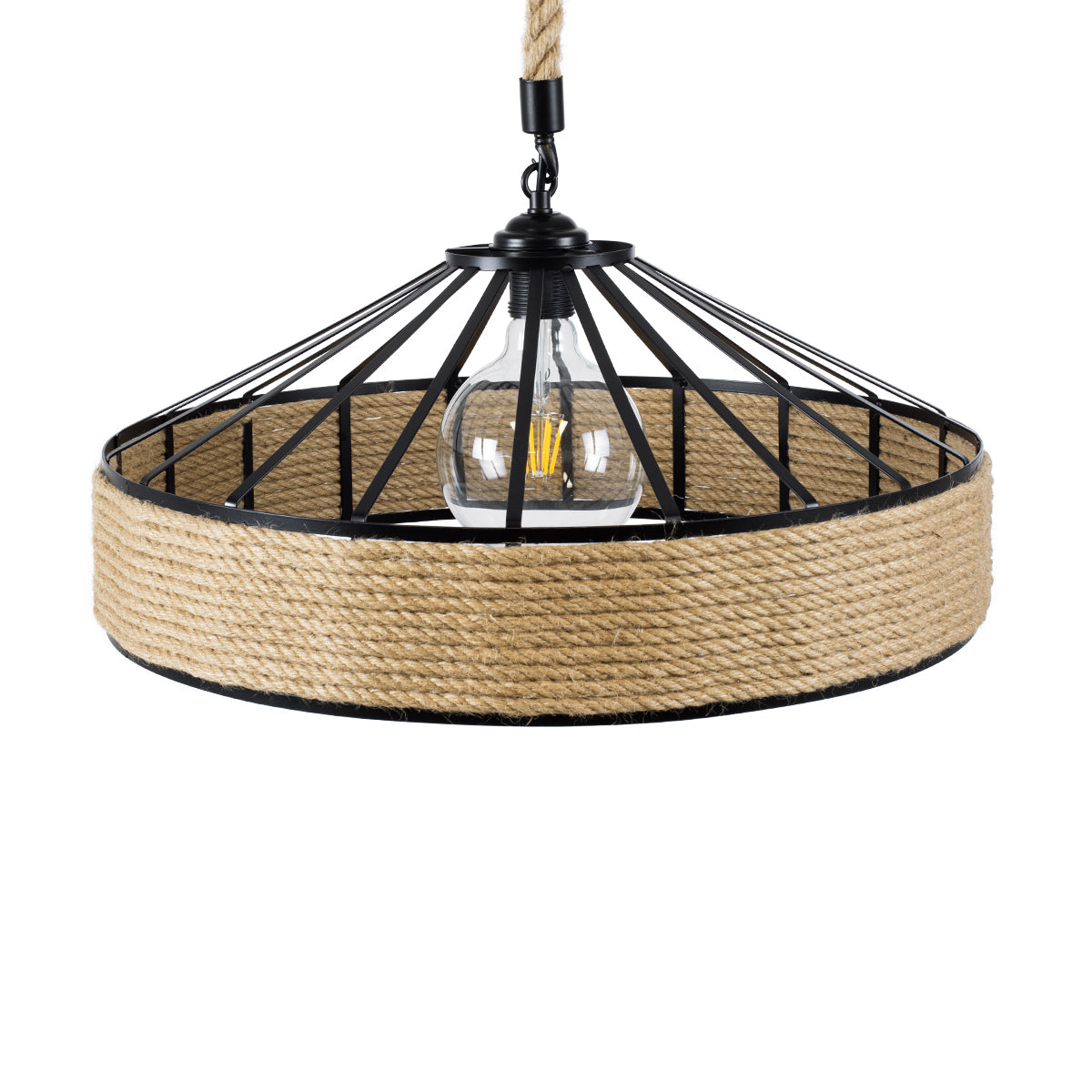 GloboStar® POLI 01147 Vintage Κρεμαστό Φωτιστικό Καμπάνα Μονόφωτο 1 x E27 IP20 Μαύρο Μέταλλο με Μπεζ Σχοινί Μ40 x Π40 x Υ32cm - ledmania.gr