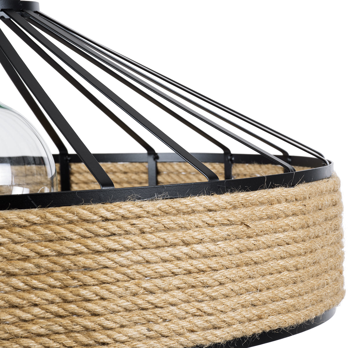 GloboStar® POLI 01147 Vintage Κρεμαστό Φωτιστικό Καμπάνα Μονόφωτο 1 x E27 IP20 Μαύρο Μέταλλο με Μπεζ Σχοινί Μ40 x Π40 x Υ32cm - ledmania.gr