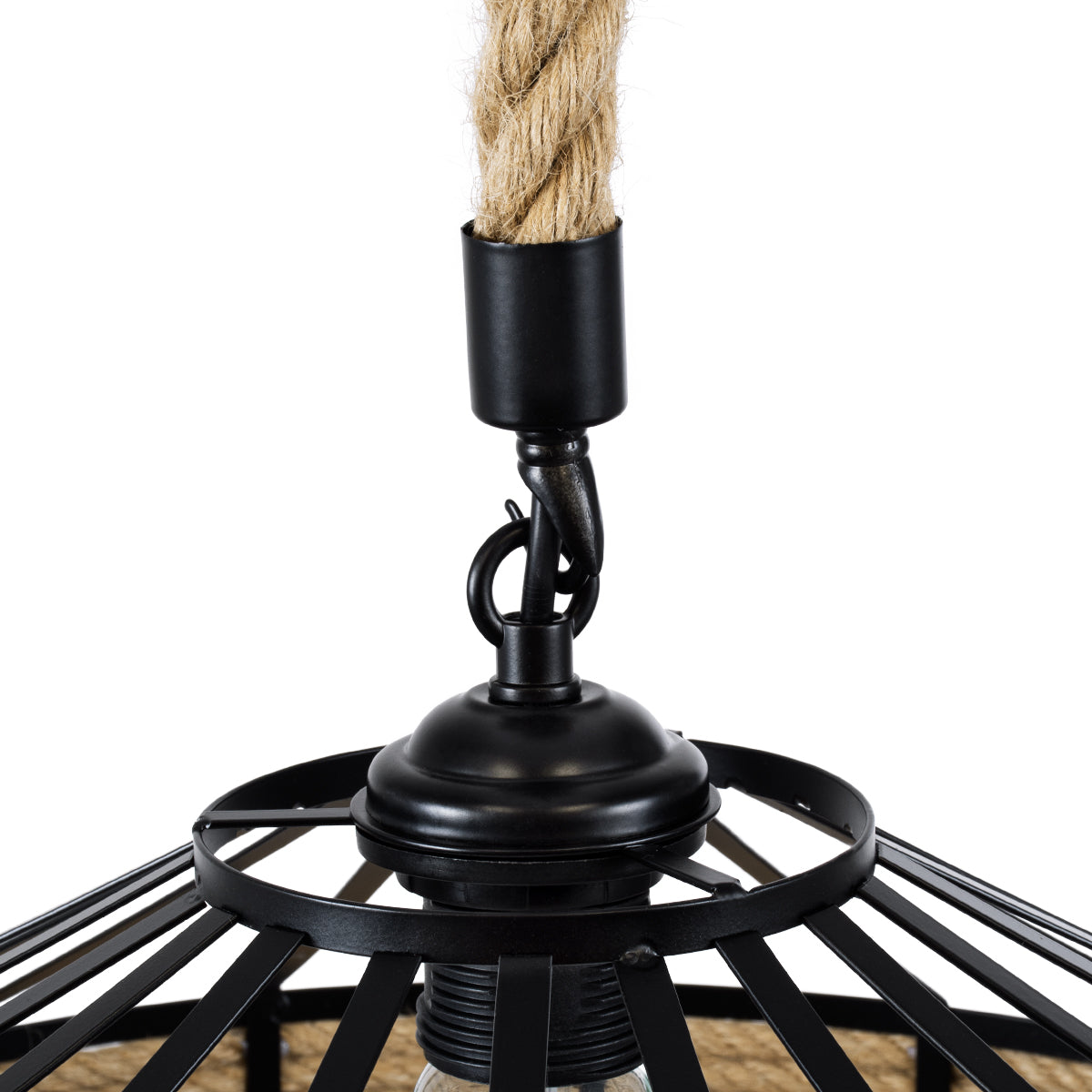GloboStar® POLI 01147 Vintage Κρεμαστό Φωτιστικό Καμπάνα Μονόφωτο 1 x E27 IP20 Μαύρο Μέταλλο με Μπεζ Σχοινί Μ40 x Π40 x Υ32cm - ledmania.gr