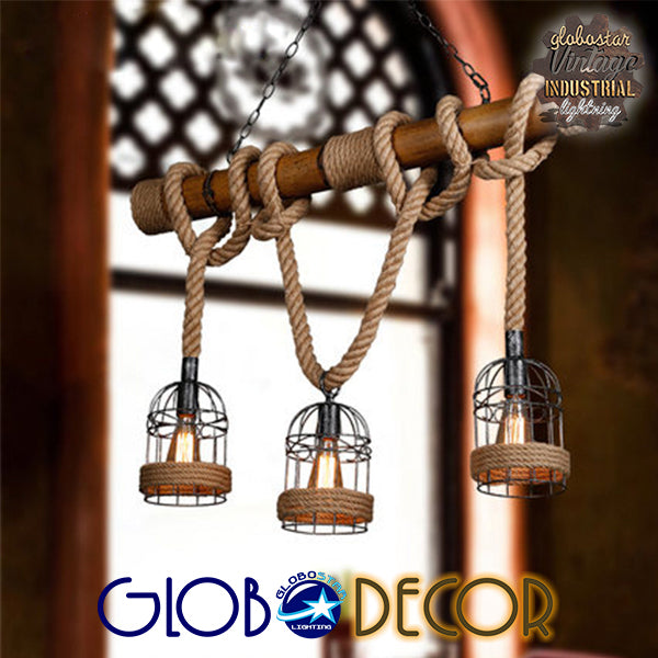 GloboStar® LILO 01149 Vintage Κρεμαστό Φωτιστικό Ράγα Τρίφωτο 3 x E27 IP20 Καφέ Ξύλο με Μπεζ Σχοινί Μ80 x Π15 x Υ100cm