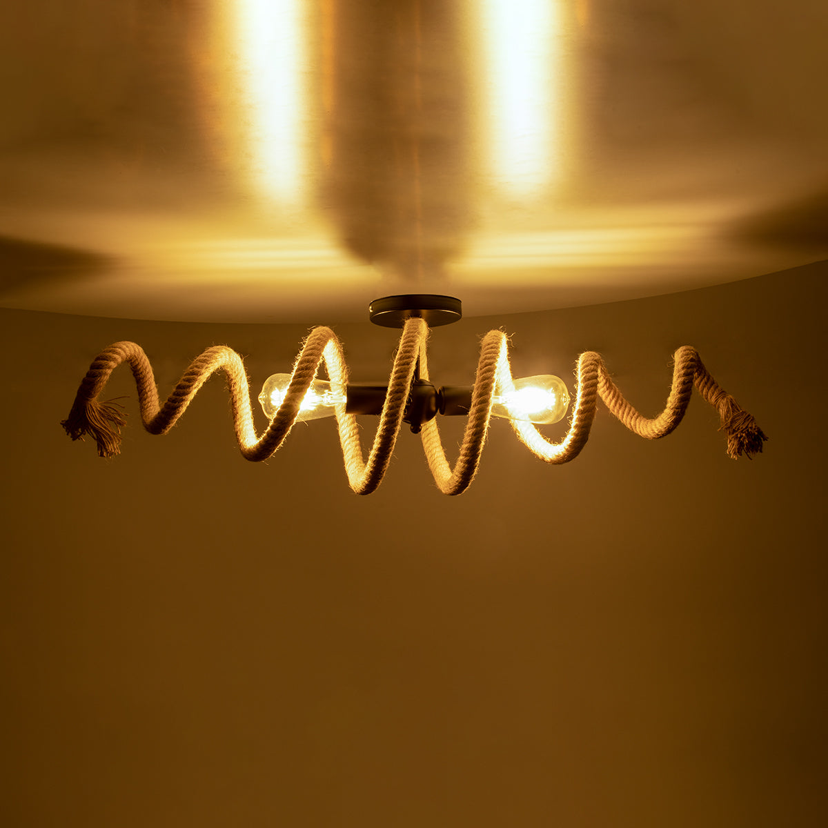 GloboStar® SPIRAL 01188 Vintage Industrial Φωτιστικό Οροφής Δίφωτο 2 x E27 Μαύρο Μεταλλικό με Μπεζ Σχοινί Μ75 x Π20 x Υ24cm - ledmania.gr
