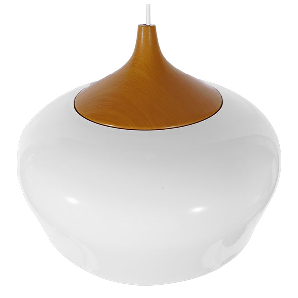 GloboStar® VILI 01260 Μοντέρνο Κρεμαστό Φωτιστικό Καμπάνα Μονόφωτο 1 x E27 IP20 Λευκό Μέταλλο με Μπεζ Ξύλο - Μ35 x Π35 x Υ27cm - ledmania.gr