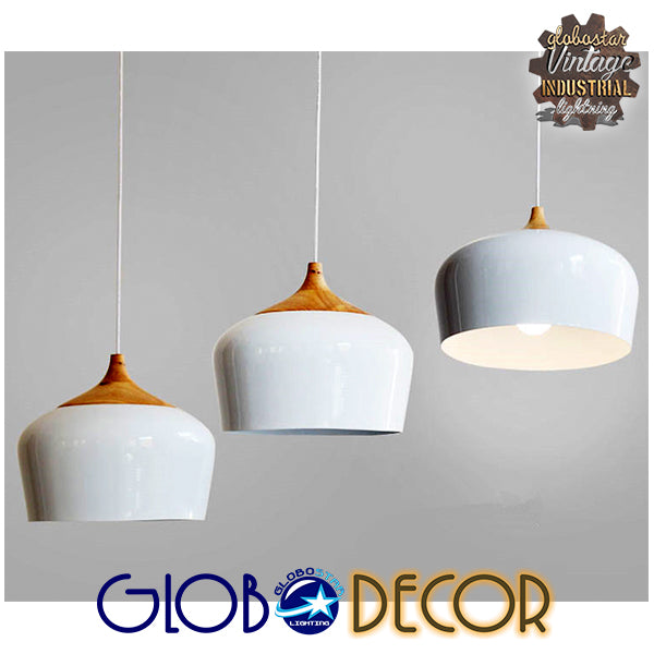 GloboStar® VILI 01260 Μοντέρνο Κρεμαστό Φωτιστικό Καμπάνα Μονόφωτο 1 x E27 IP20 Λευκό Μέταλλο με Μπεζ Ξύλο - Μ35 x Π35 x Υ27cm - ledmania.gr