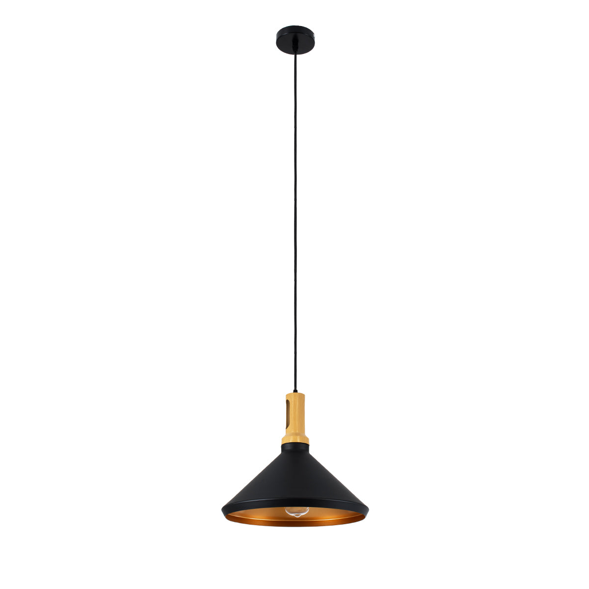 GloboStar® CALYPSO 01334-A Μοντέρνο Κρεμαστό Φωτιστικό Οροφής Μονόφωτο 1 x E27 Μαύρο - Χρυσό Μεταλλικό με Ξύλινη Βάση Καμπάνα Φ36 x Υ30cm - ledmania.gr