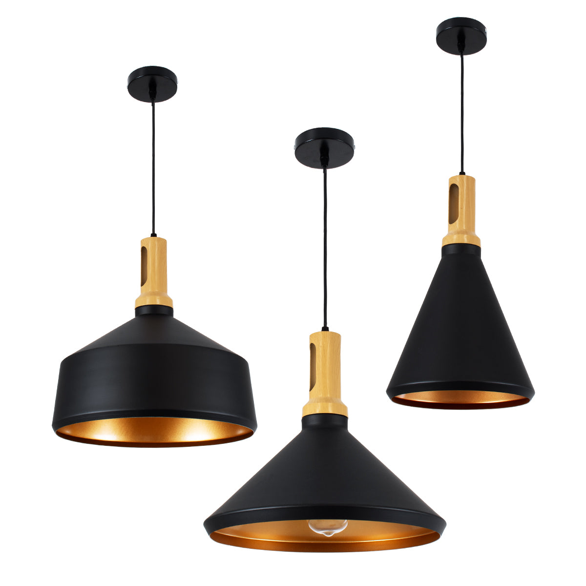 GloboStar® CALYPSO 01334 SET 3 Μοντέρνα Κρεμαστά Φωτιστικά Οροφής Τρίφωτο 3 x E27 Μαύρο - Χρυσό Μεταλλικά με Ξύλινη Βάση Καμπάνα - ledmania.gr