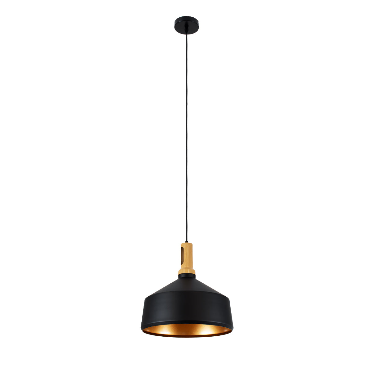GloboStar® CALYPSO 01334-B Μοντέρνο Κρεμαστό Φωτιστικό Οροφής Μονόφωτο 1 x E27 Μαύρο - Χρυσό Μεταλλικό με Ξύλινη Βάση Καμπάνα Φ36 x Υ35cm - ledmania.gr