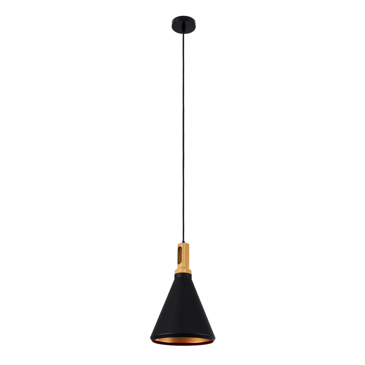 GloboStar® CALYPSO 01334-C Μοντέρνο Κρεμαστό Φωτιστικό Οροφής Μονόφωτο 1 x E27 Μαύρο - Χρυσό Μεταλλικό με Ξύλινη Βάση Καμπάνα Φ25 x Υ40cm - ledmania.gr