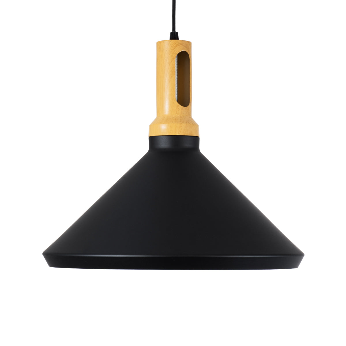 GloboStar® CALYPSO 01334-A Μοντέρνο Κρεμαστό Φωτιστικό Οροφής Μονόφωτο 1 x E27 Μαύρο - Χρυσό Μεταλλικό με Ξύλινη Βάση Καμπάνα Φ36 x Υ30cm - ledmania.gr