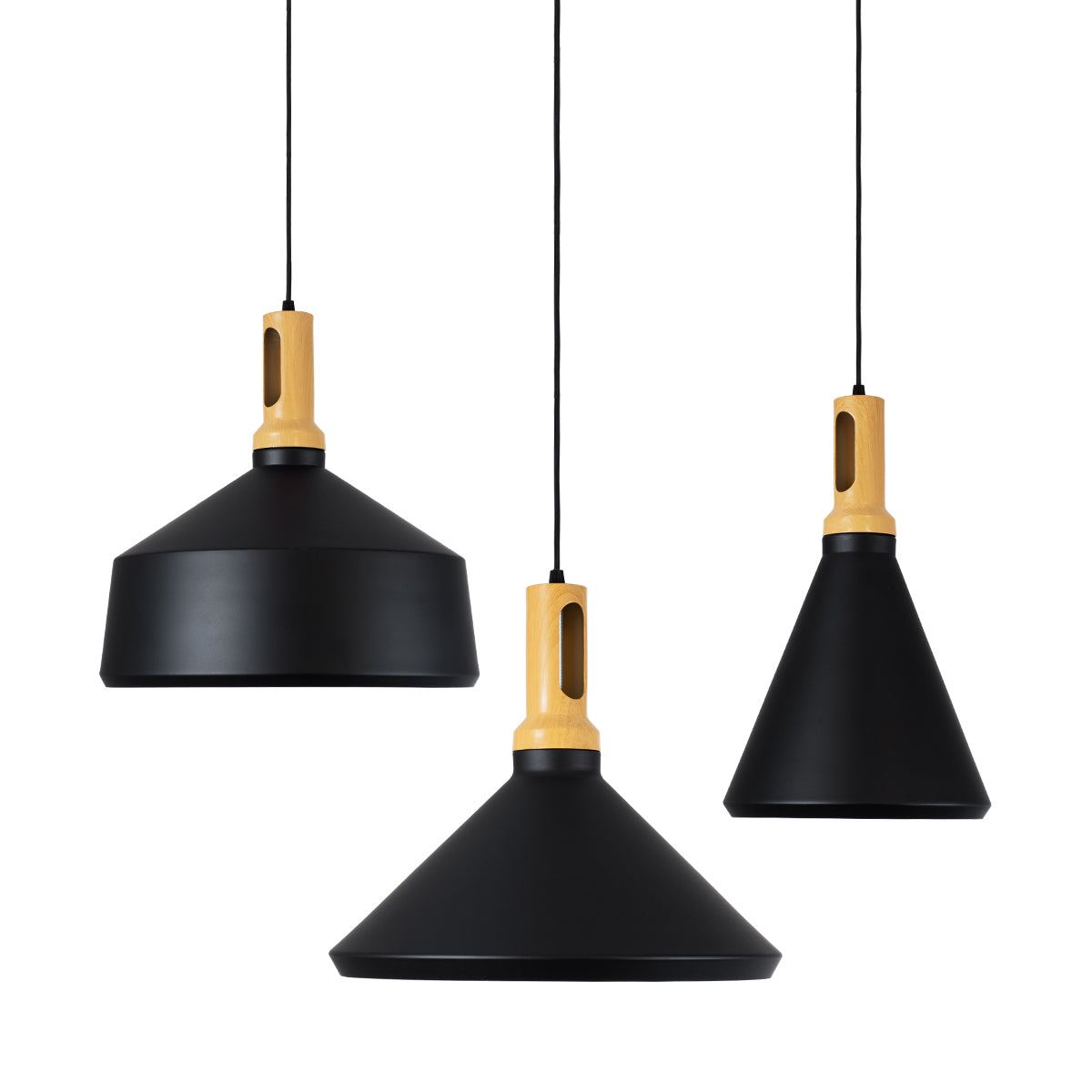 GloboStar® CALYPSO 01334 SET 3 Μοντέρνα Κρεμαστά Φωτιστικά Οροφής Τρίφωτο 3 x E27 Μαύρο - Χρυσό Μεταλλικά με Ξύλινη Βάση Καμπάνα - ledmania.gr
