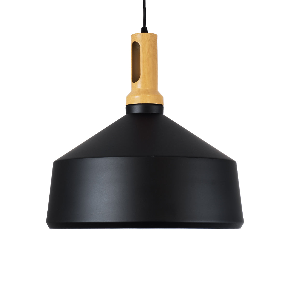 GloboStar® CALYPSO 01334-B Μοντέρνο Κρεμαστό Φωτιστικό Οροφής Μονόφωτο 1 x E27 Μαύρο - Χρυσό Μεταλλικό με Ξύλινη Βάση Καμπάνα Φ36 x Υ35cm - ledmania.gr