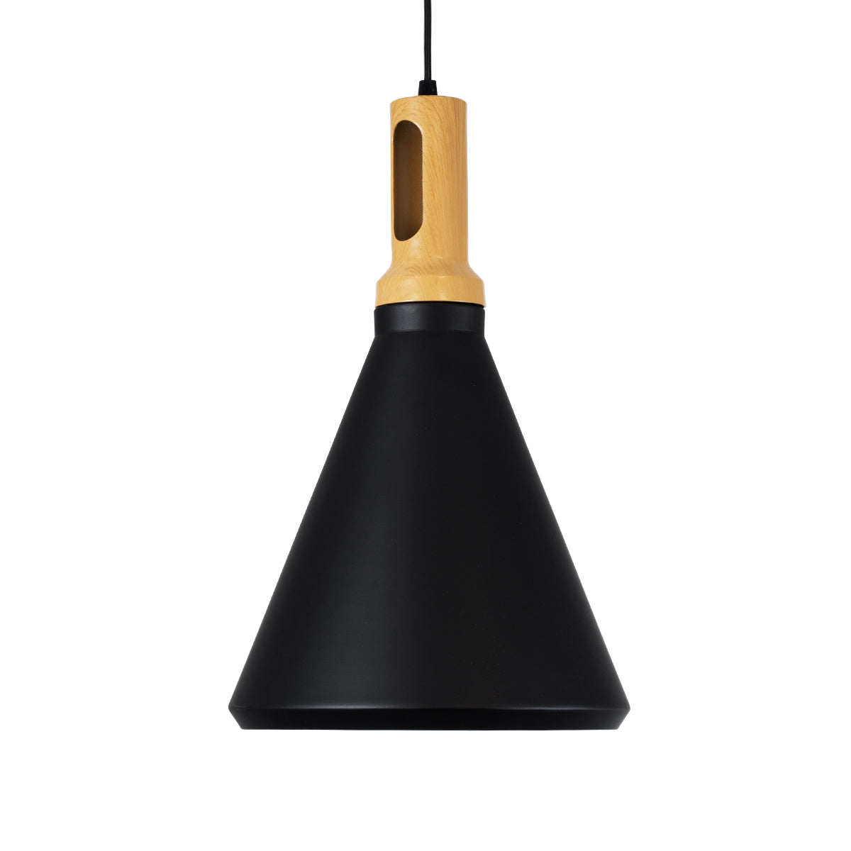 GloboStar® CALYPSO 01334-C Μοντέρνο Κρεμαστό Φωτιστικό Οροφής Μονόφωτο 1 x E27 Μαύρο - Χρυσό Μεταλλικό με Ξύλινη Βάση Καμπάνα Φ25 x Υ40cm - ledmania.gr