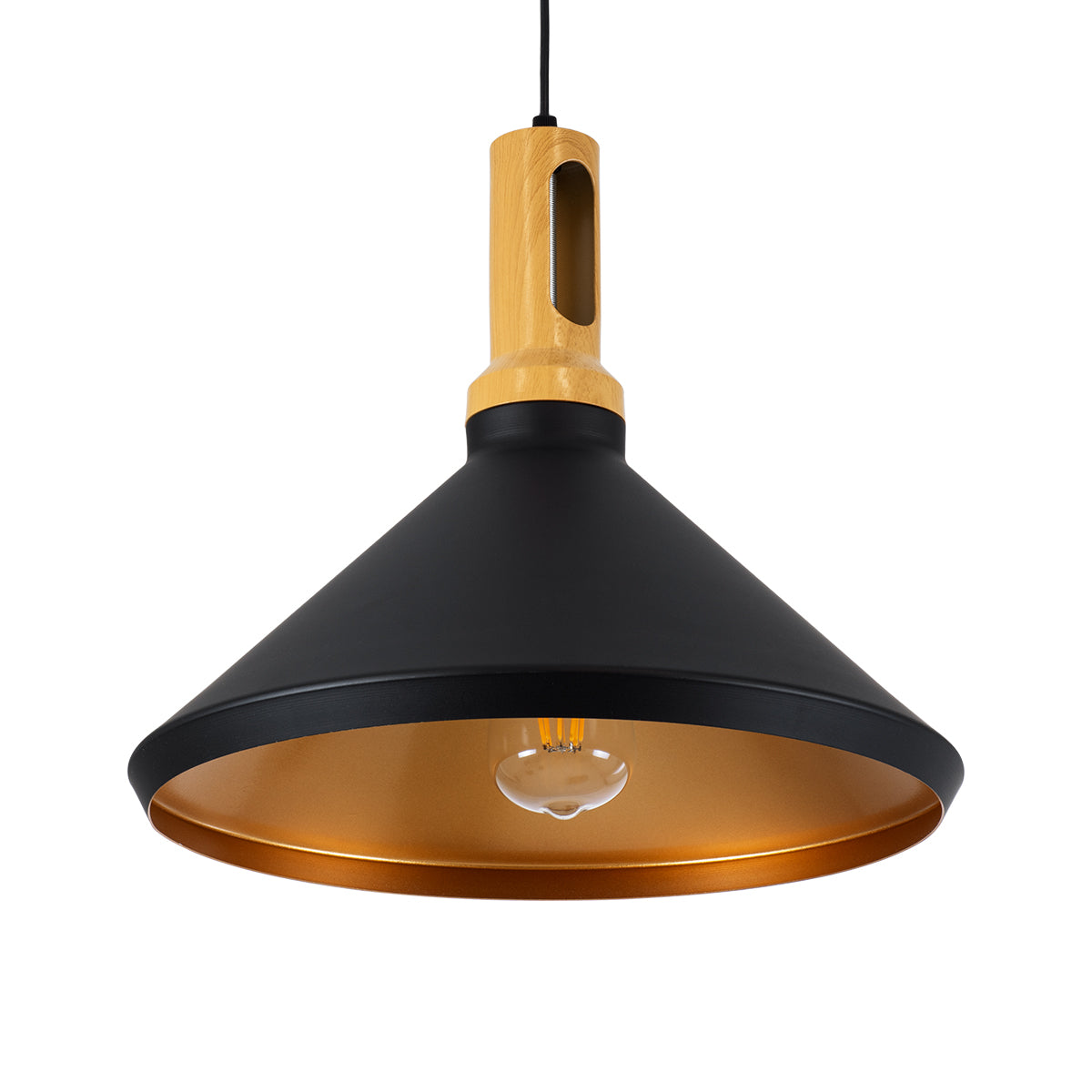 GloboStar® CALYPSO 01334-A Μοντέρνο Κρεμαστό Φωτιστικό Οροφής Μονόφωτο 1 x E27 Μαύρο - Χρυσό Μεταλλικό με Ξύλινη Βάση Καμπάνα Φ36 x Υ30cm - ledmania.gr