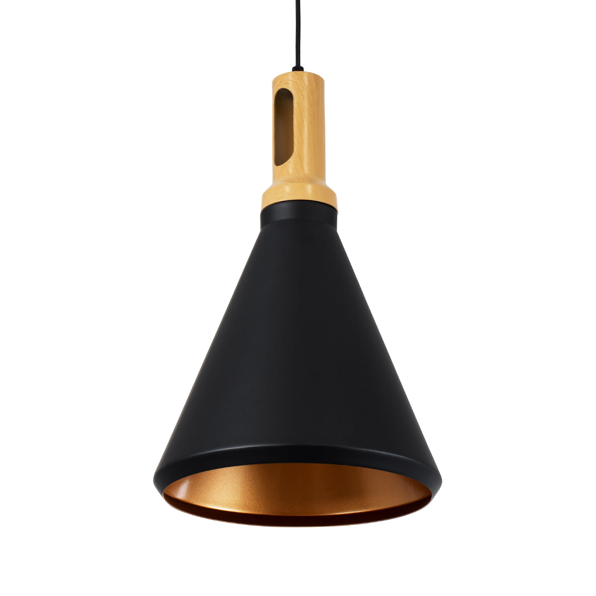 GloboStar® CALYPSO 01334-C Μοντέρνο Κρεμαστό Φωτιστικό Οροφής Μονόφωτο 1 x E27 Μαύρο - Χρυσό Μεταλλικό με Ξύλινη Βάση Καμπάνα Φ25 x Υ40cm - ledmania.gr