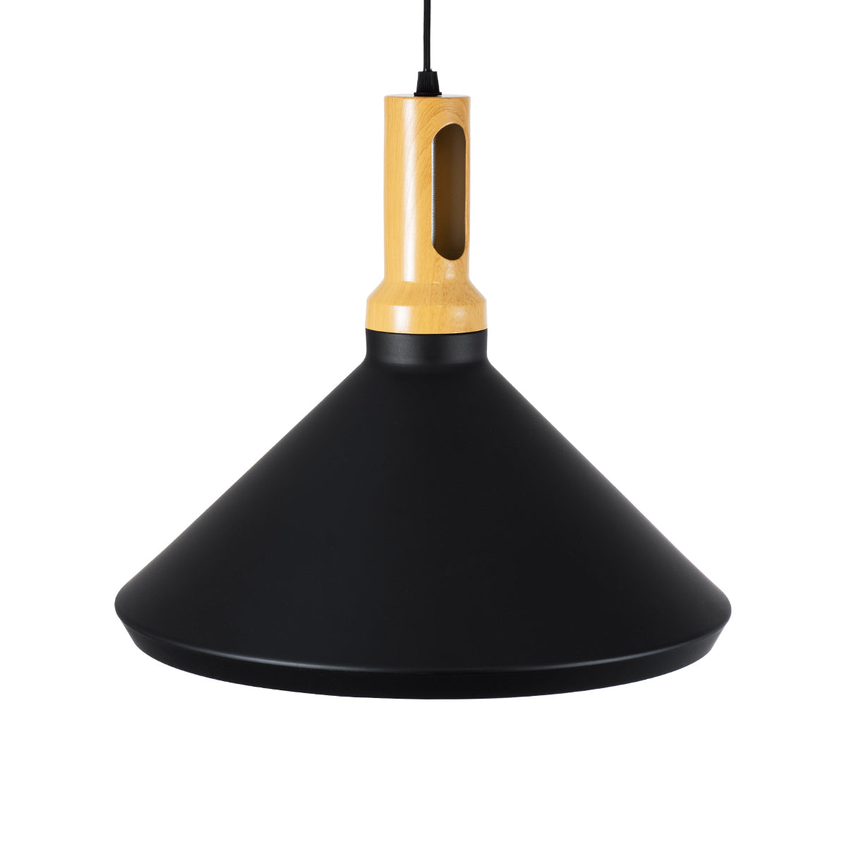 GloboStar® CALYPSO 01334-A Μοντέρνο Κρεμαστό Φωτιστικό Οροφής Μονόφωτο 1 x E27 Μαύρο - Χρυσό Μεταλλικό με Ξύλινη Βάση Καμπάνα Φ36 x Υ30cm - ledmania.gr