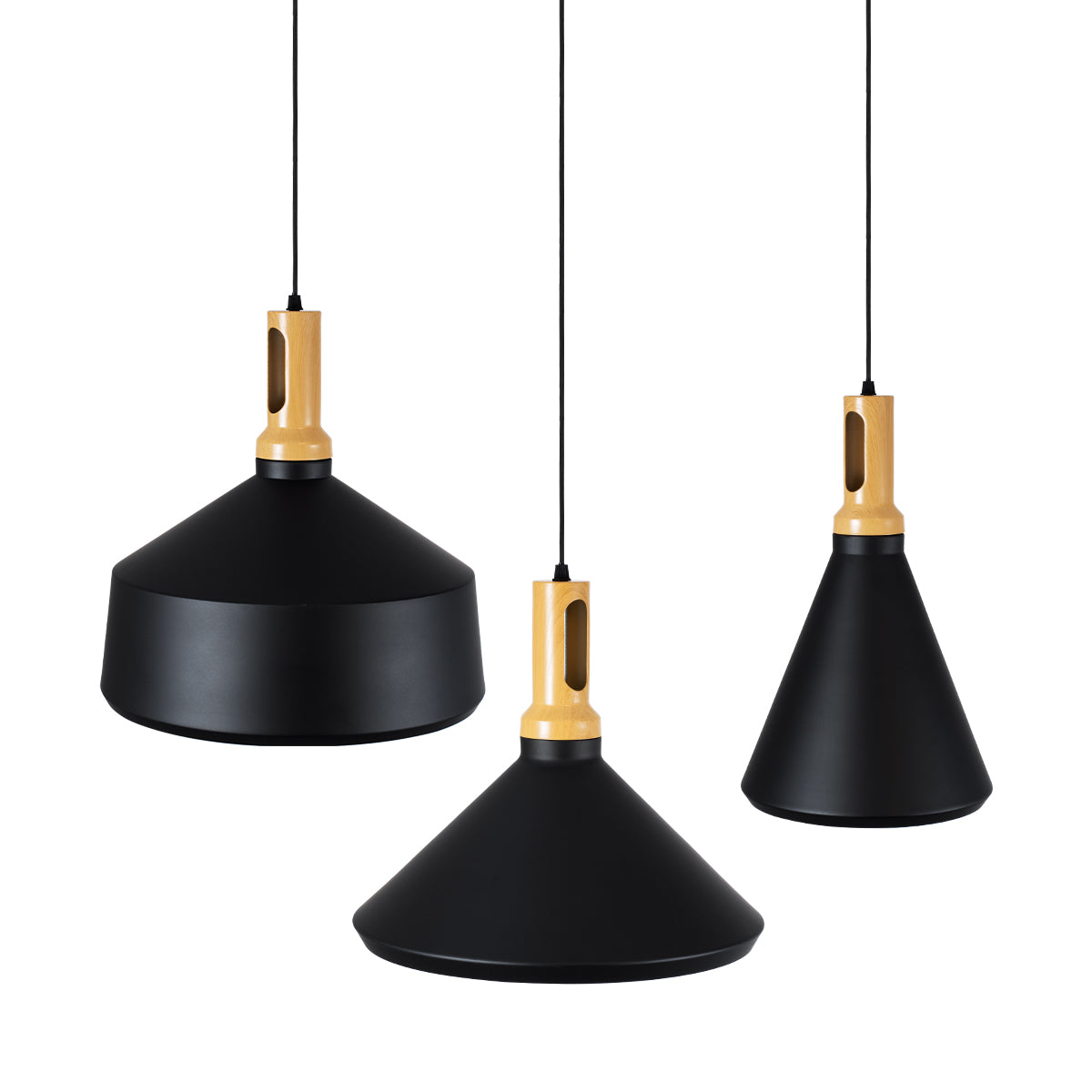 GloboStar® CALYPSO 01334 SET 3 Μοντέρνα Κρεμαστά Φωτιστικά Οροφής Τρίφωτο 3 x E27 Μαύρο - Χρυσό Μεταλλικά με Ξύλινη Βάση Καμπάνα - ledmania.gr