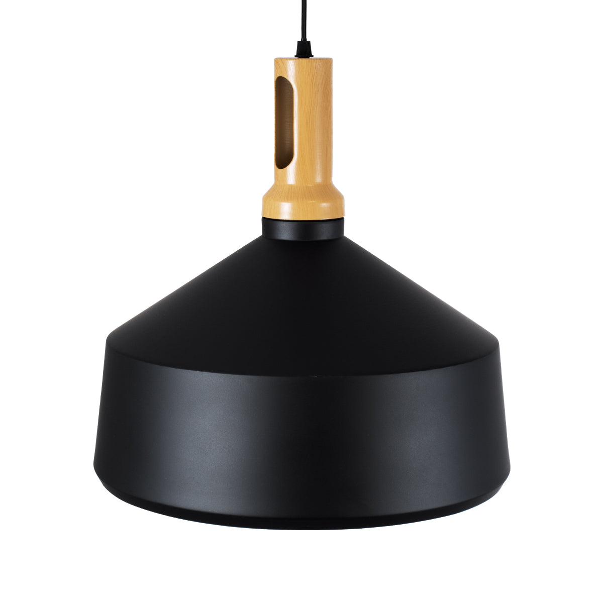 GloboStar® CALYPSO 01334-B Μοντέρνο Κρεμαστό Φωτιστικό Οροφής Μονόφωτο 1 x E27 Μαύρο - Χρυσό Μεταλλικό με Ξύλινη Βάση Καμπάνα Φ36 x Υ35cm - ledmania.gr