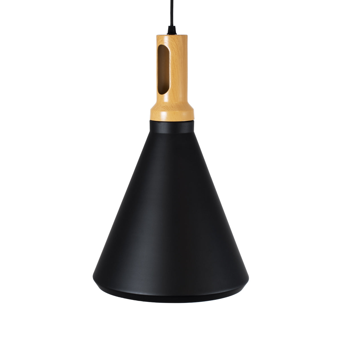 GloboStar® CALYPSO 01334-C Μοντέρνο Κρεμαστό Φωτιστικό Οροφής Μονόφωτο 1 x E27 Μαύρο - Χρυσό Μεταλλικό με Ξύλινη Βάση Καμπάνα Φ25 x Υ40cm - ledmania.gr
