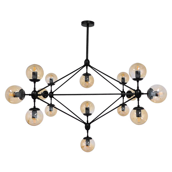GloboStar® SENTINEL 01637 Μοντέρνο Φωτιστικό Οροφής Πλέγμα Πολύφωτο 15 x E27 IP20 Μαύρο Μέταλλο με μελί Γυαλί - Μ150 x Π150 x Υ115cm - ledmania.gr