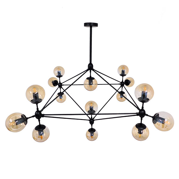 GloboStar® SENTINEL 01637 Μοντέρνο Φωτιστικό Οροφής Πλέγμα Πολύφωτο 15 x E27 IP20 Μαύρο Μέταλλο με μελί Γυαλί - Μ150 x Π150 x Υ115cm - ledmania.gr