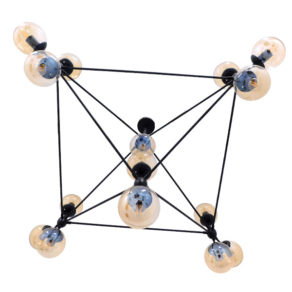 GloboStar® SENTINEL 01637 Μοντέρνο Φωτιστικό Οροφής Πλέγμα Πολύφωτο 15 x E27 IP20 Μαύρο Μέταλλο με μελί Γυαλί - Μ150 x Π150 x Υ115cm - ledmania.gr