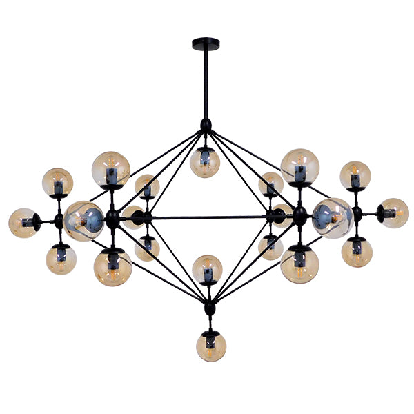 GloboStar® SENTINEL 01638 Μοντέρνο Φωτιστικό Οροφής Πλέγμα Πολύφωτο 21 x E27 IP20 Μαύρο Μέταλλο με μελί Γυαλί - Μ170 x Π170 x Υ136cm - ledmania.gr