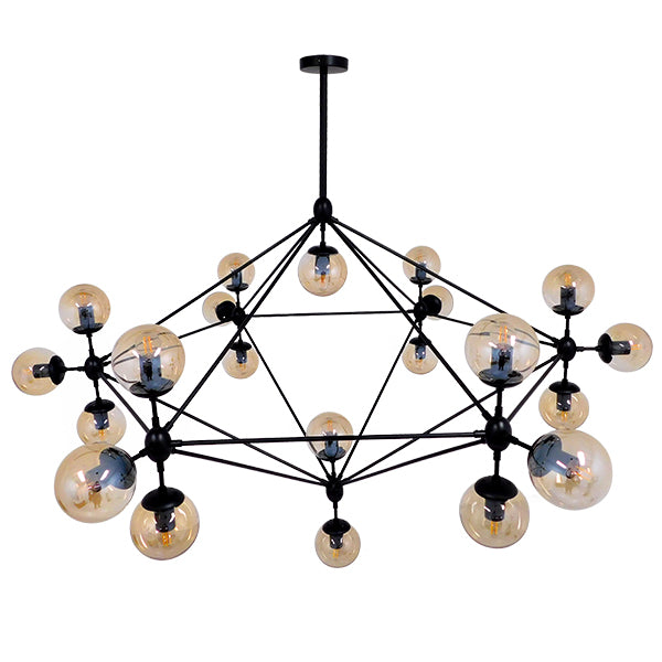 GloboStar® SENTINEL 01638 Μοντέρνο Φωτιστικό Οροφής Πλέγμα Πολύφωτο 21 x E27 IP20 Μαύρο Μέταλλο με μελί Γυαλί - Μ170 x Π170 x Υ136cm - ledmania.gr