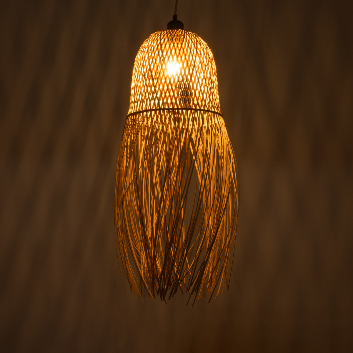 GloboStar® MANILA 01713 Boho Κρεμαστό Φωτιστικό Πλέγμα Μονόφωτο 1 x E27 IP20 Μπεζ Ξύλο - Μ25 x Π25 x Υ60cm - ledmania.gr