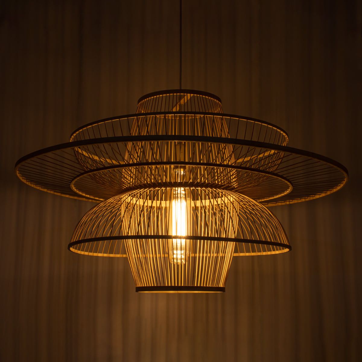 GloboStar® BALI 01758 Boho Κρεμαστό Φωτιστικό Οροφής Μονόφωτο 1 x E27 Μπεζ Ξύλινο Μπαμπού Πλέγμα Φ100 x Y60cm - ledmania.gr