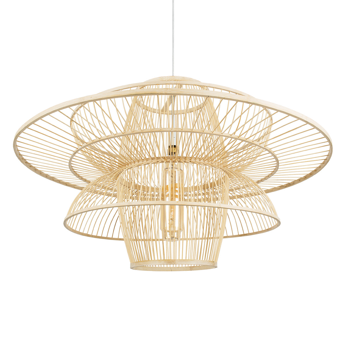 GloboStar® BALI 01758 Boho Κρεμαστό Φωτιστικό Οροφής Μονόφωτο 1 x E27 Μπεζ Ξύλινο Μπαμπού Πλέγμα Φ100 x Y60cm - ledmania.gr