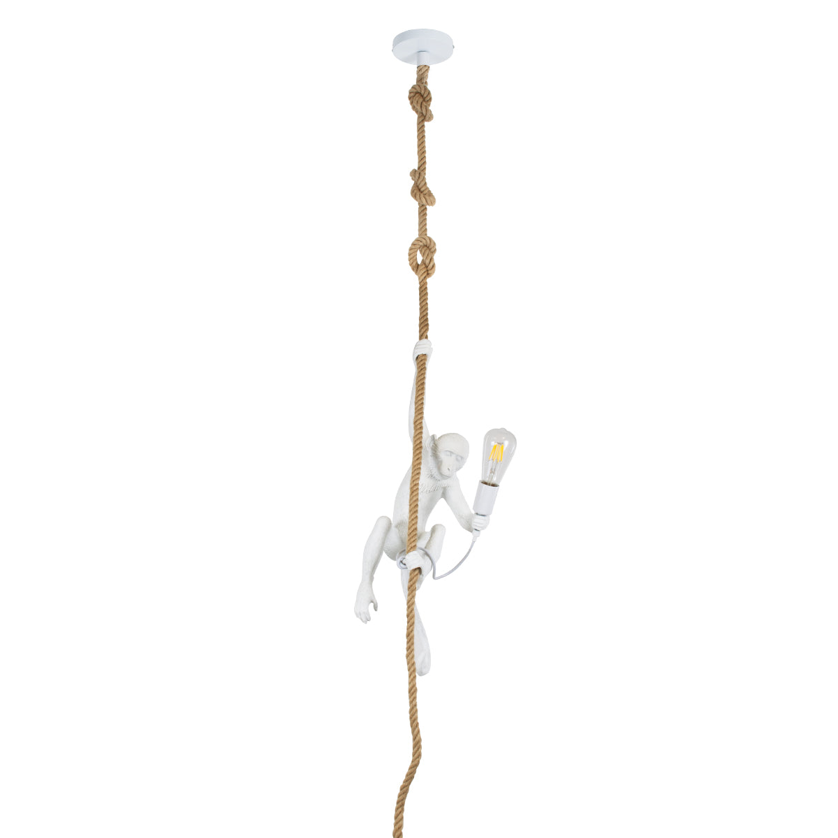 GloboStar® APES 01802 Μοντέρνο Κρεμαστό Φωτιστικό Οροφής Μονόφωτο 1 x E27 Λευκό με Μπεζ Σχοινί Φιγούρα Μ26 x Π28 x Υ69cm - ledmania.gr