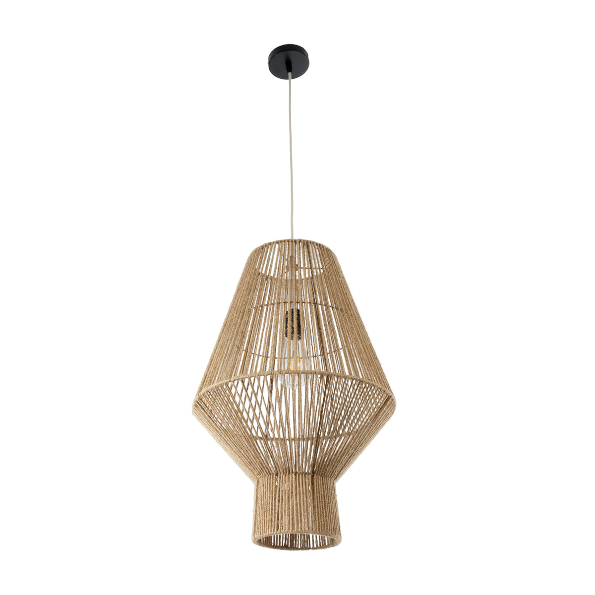 GloboStar® CAYMAN 01853 Boho Κρεμαστό Φωτιστικό Πλέγμα Μονόφωτο 1 x E27 IP20 Μπεζ Σχοινί - Μ40 x Π40 x Υ60cm - ledmania.gr