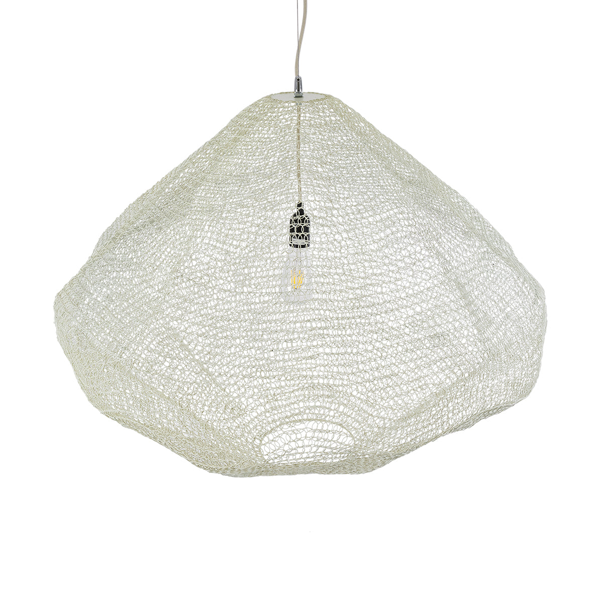 GloboStar® KENTUCKY 01868 Vintage Κρεμαστό Φωτιστικό Οροφής Μονόφωτο 1 x E27 AC220-240V IP20 - Φ90 x Υ70cm - Μπεζ Εκρού Μεταλλικό Πλέγμα - 5 Χρόνια Εγγύηση - ledmania.gr