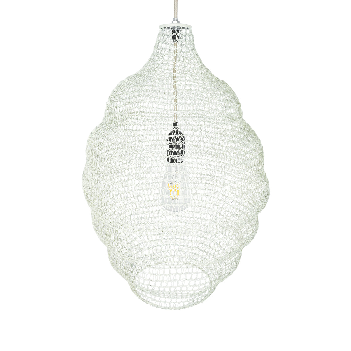 GloboStar® KENTUCKY 01898 Vintage Κρεμαστό Φωτιστικό Οροφής Μονόφωτο 1 x E27 AC220-240V IP20 - Φ40 x Υ60cm - Μπεζ Εκρού Μεταλλικό Πλέγμα - ledmania.gr
