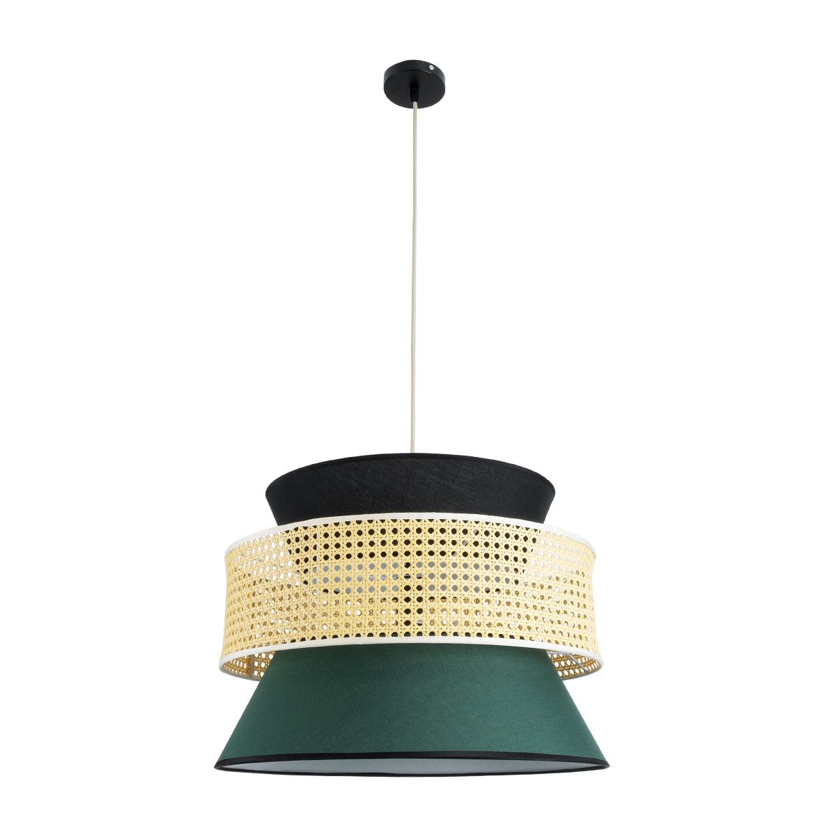 GloboStar® SAIGE 01916 Boho Κρεμαστό Φωτιστικό Οροφής Μονόφωτο 1 x E27 AC220-240V IP20 - Φ50 x Υ36cm - Μπεζ Μπαμπού Πλέγμα με Πράσινο και Μαύρο Υφασμάτινο Καπέλο - ledmania.gr