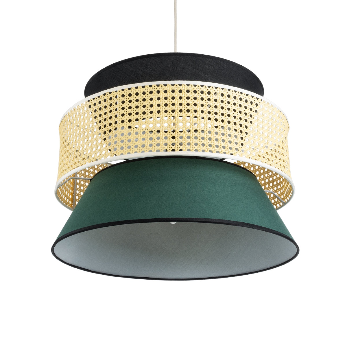 GloboStar® SAIGE 01916 Boho Κρεμαστό Φωτιστικό Οροφής Μονόφωτο 1 x E27 AC220-240V IP20 - Φ50 x Υ36cm - Μπεζ Μπαμπού Πλέγμα με Πράσινο και Μαύρο Υφασμάτινο Καπέλο - ledmania.gr