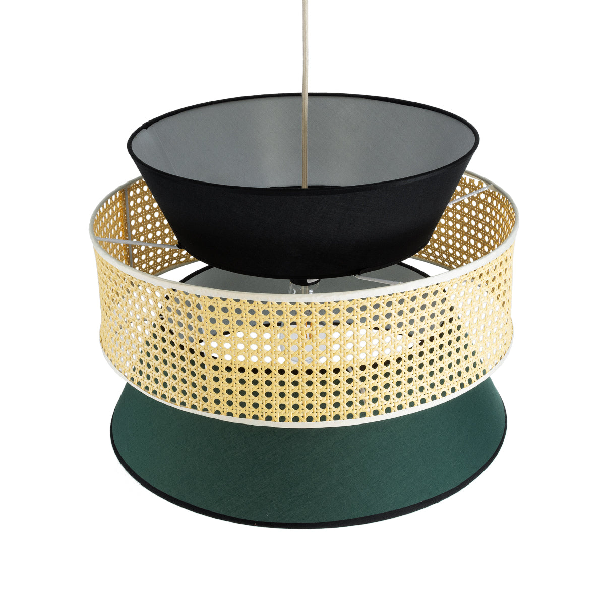 GloboStar® SAIGE 01916 Boho Κρεμαστό Φωτιστικό Οροφής Μονόφωτο 1 x E27 AC220-240V IP20 - Φ50 x Υ36cm - Μπεζ Μπαμπού Πλέγμα με Πράσινο και Μαύρο Υφασμάτινο Καπέλο - ledmania.gr