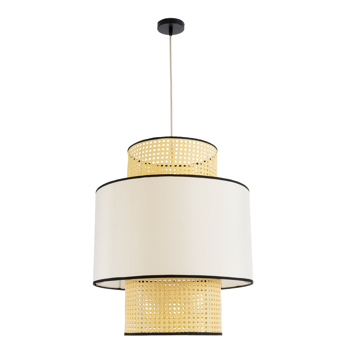 GloboStar® SAIGE 01917 Boho Κρεμαστό Φωτιστικό Οροφής Μονόφωτο 1 x E27 AC220-240V IP20 - Φ50 x Υ60cm - Μπεζ με Λευκό και Μαύρες Λεπτομέρειες Ξύλινο Μπαμπού Πλέγμα - 5 Χρόνια Εγγύηση - ledmania.gr
