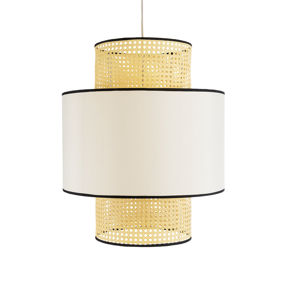 GloboStar® SAIGE 01917 Boho Κρεμαστό Φωτιστικό Οροφής Μονόφωτο 1 x E27 AC220-240V IP20 - Φ50 x Υ60cm - Μπεζ με Λευκό και Μαύρες Λεπτομέρειες Ξύλινο Μπαμπού Πλέγμα - 5 Χρόνια Εγγύηση - ledmania.gr