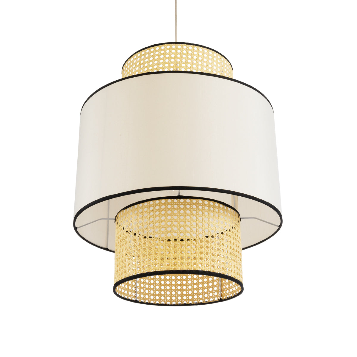 GloboStar® SAIGE 01917 Boho Κρεμαστό Φωτιστικό Οροφής Μονόφωτο 1 x E27 AC220-240V IP20 - Φ50 x Υ60cm - Μπεζ με Λευκό και Μαύρες Λεπτομέρειες Ξύλινο Μπαμπού Πλέγμα - 5 Χρόνια Εγγύηση - ledmania.gr