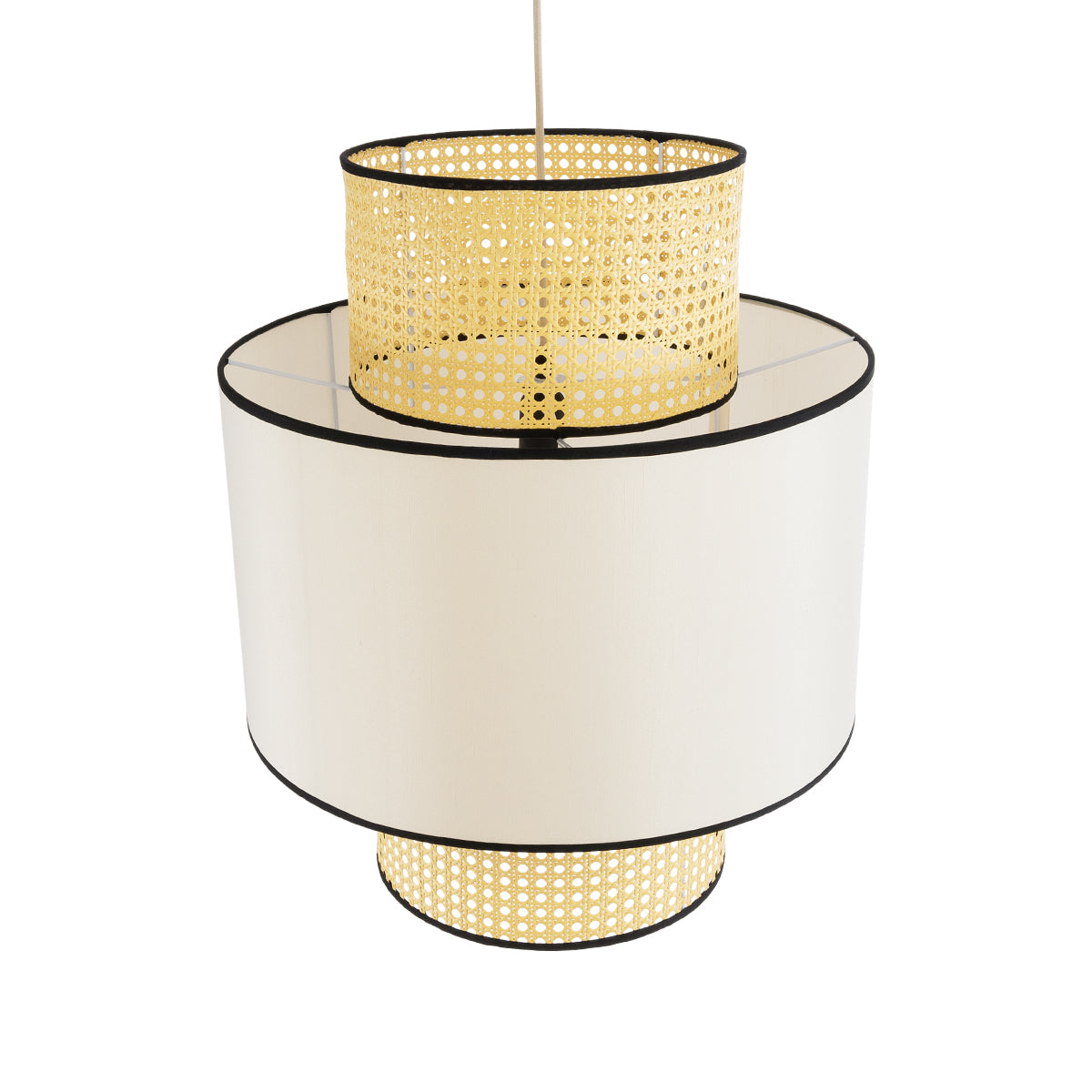 GloboStar® SAIGE 01917 Boho Κρεμαστό Φωτιστικό Οροφής Μονόφωτο 1 x E27 AC220-240V IP20 - Φ50 x Υ60cm - Μπεζ με Λευκό και Μαύρες Λεπτομέρειες Ξύλινο Μπαμπού Πλέγμα - 5 Χρόνια Εγγύηση - ledmania.gr