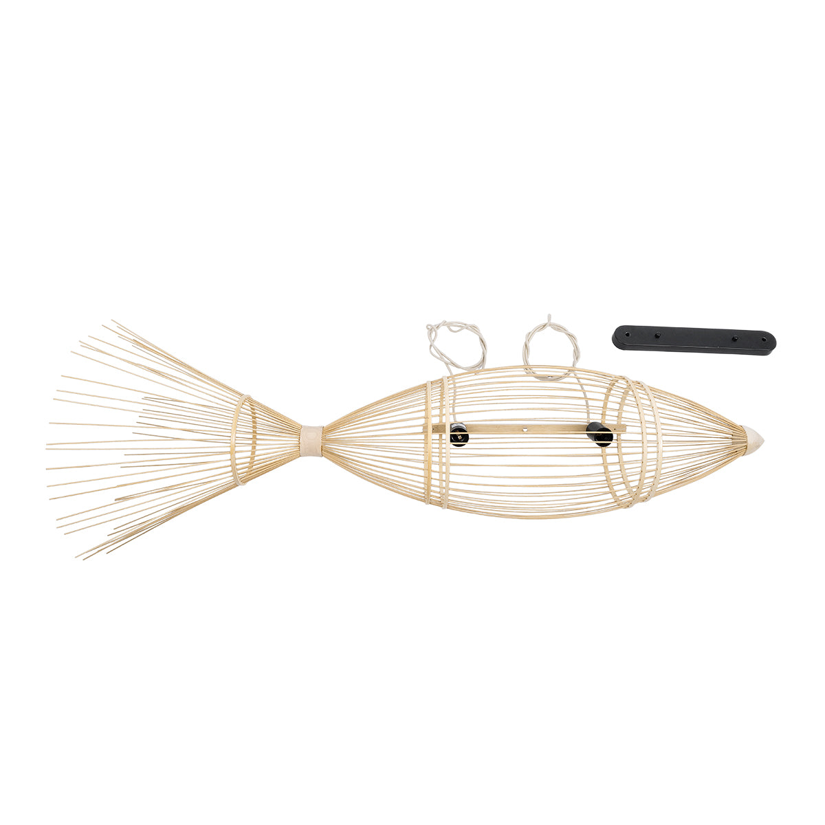 GloboStar® FISH 01927 Μοντέρνο Κρεμαστό Φωτιστικό Οροφής  2 x E27 AC 220-240V IP20 - Μ130 x Π42 x Υ42cm - Μπεζ Ξύλινο Πλέγμα - ledmania.gr