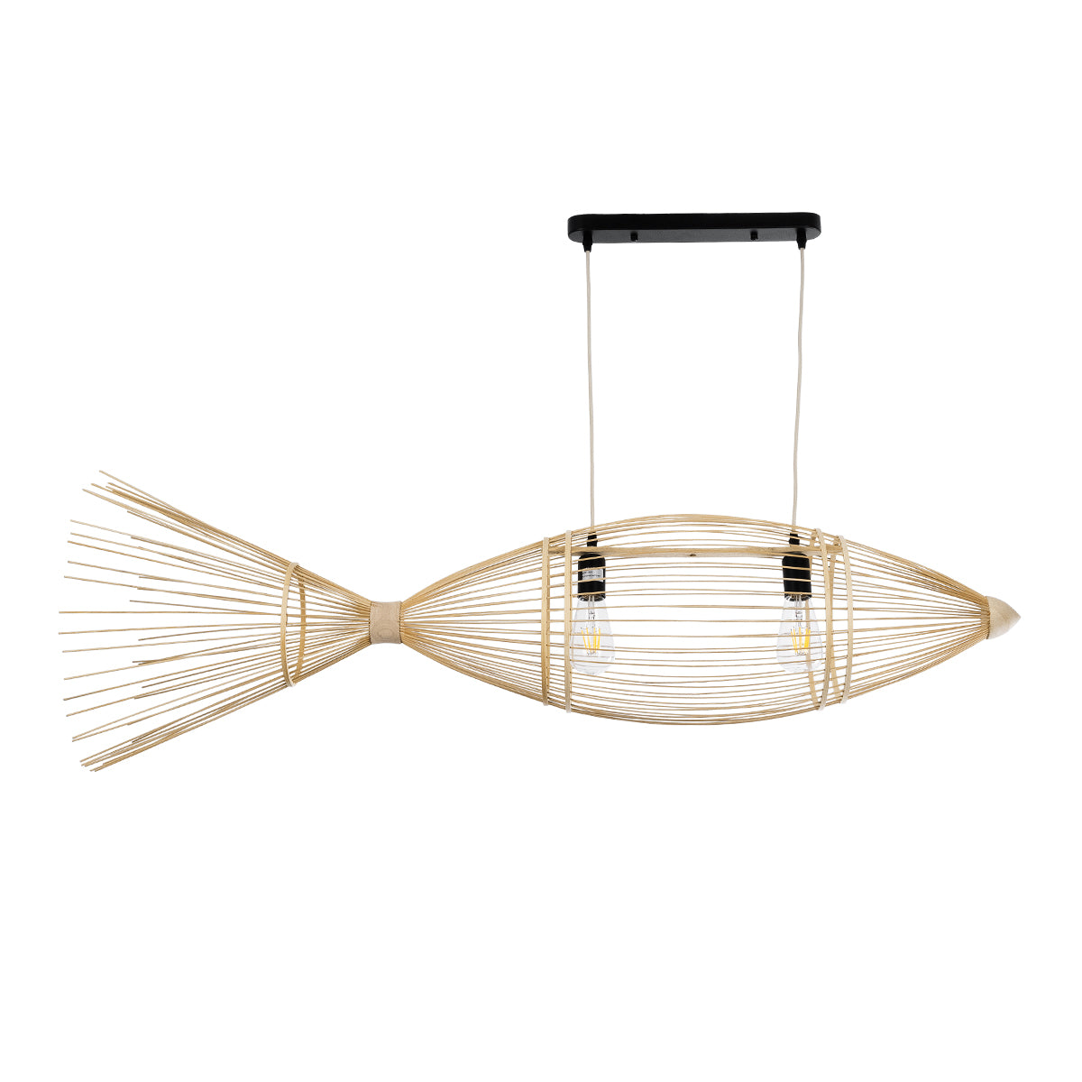 GloboStar® FISH 01927 Μοντέρνο Κρεμαστό Φωτιστικό Οροφής  2 x E27 AC 220-240V IP20 - Μ130 x Π42 x Υ42cm - Μπεζ Ξύλινο Πλέγμα - ledmania.gr
